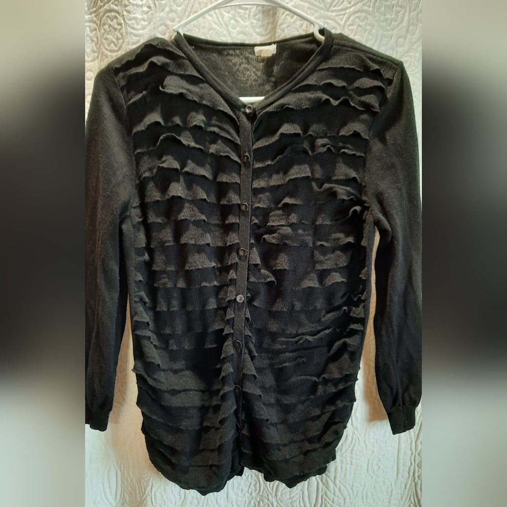 J. Crew Cardigan Sweater Medium Black Ruffled Cotton Classic Casual